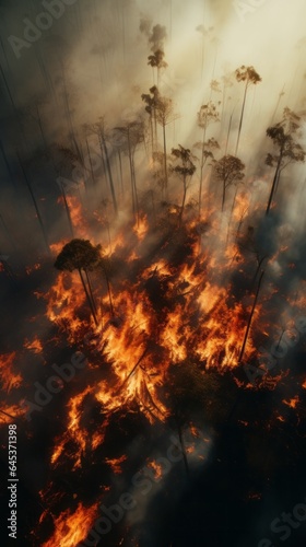 A dense forest engulfed in flames