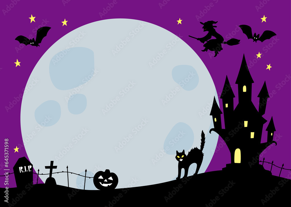 Halloween horizontal background with purple night blue full moon copyspace and castle illustration A4 template for flyer