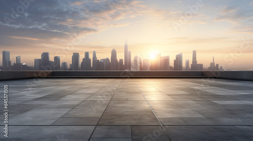 In this 3D-style scene, a modern building stands tall against the sunrise, with an unoccupied cement floor and steel pavement in the foreground.