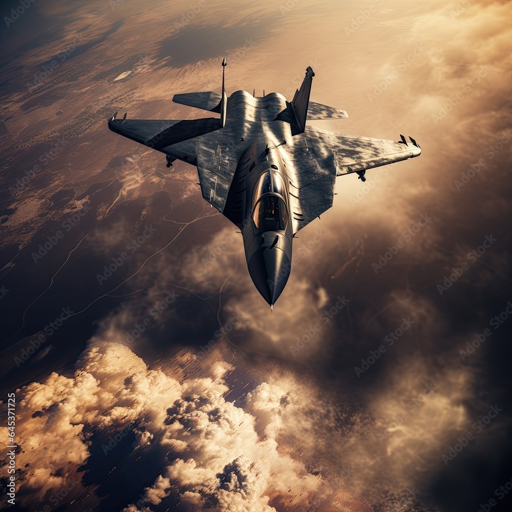 Modern fighter plane during an air battle. Fighter jet soaring through ...