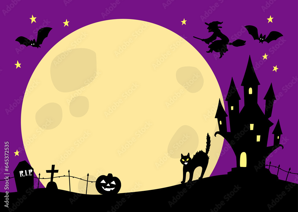 Halloween horizontal background with purple night yellow full moon copyspace and castle illustration A4 template for flyer