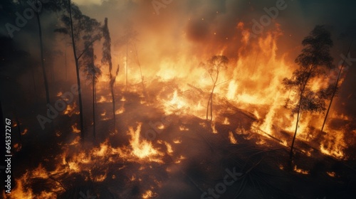 A raging wildfire engulfing a dense forest