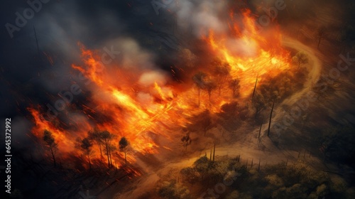 A wildfire raging through a dense forest