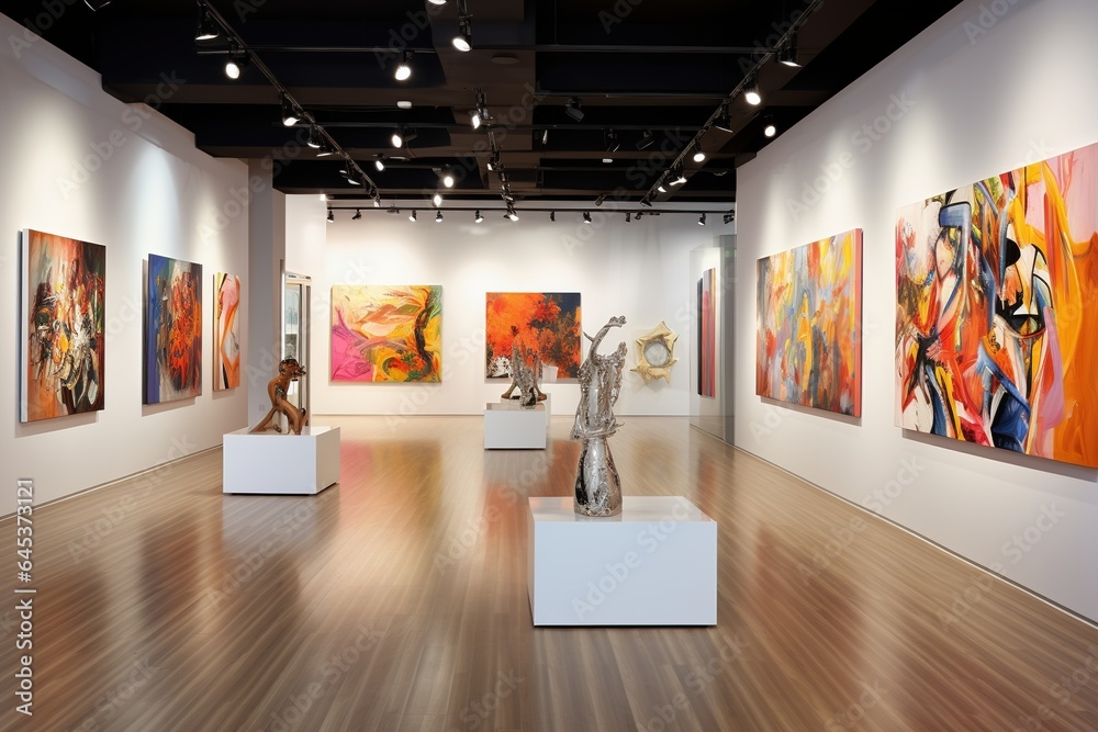 Interior of modern art gallery with paintings on walls and wooden floor - obrazy, fototapety, plakaty 