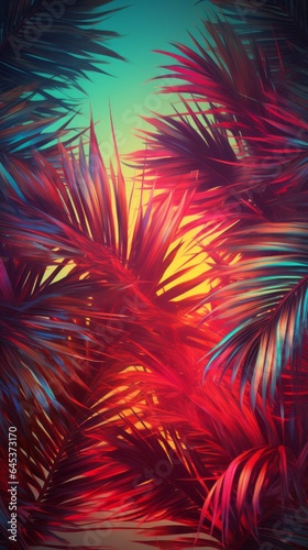 A vibrant and colorful painting depicting a palm tree