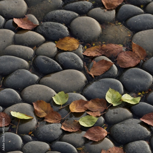 Autumn Leaves on Pebble Stone Pavement - A Seamless Pattern for Tiling.