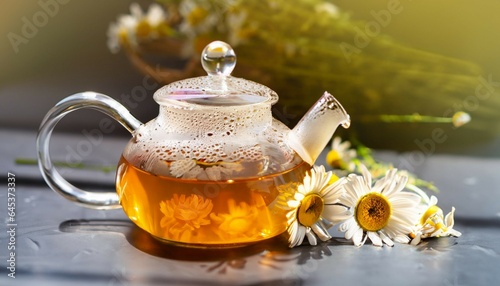 teapot and cup of tea, Glass teapot decorated with chamomile flowers. A cup of herbal tea. The concept of traditional medicine. A warm aromatic drink for a cozy atmosphere.