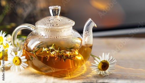 teapot and cup of tea, Glass teapot decorated with chamomile flowers. A cup of herbal tea. The concept of traditional medicine. A warm aromatic drink for a cozy atmosphere.