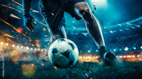 Midnight Strike: Soccer Shoe Powerfully Kicking the Ball Under Night Sky