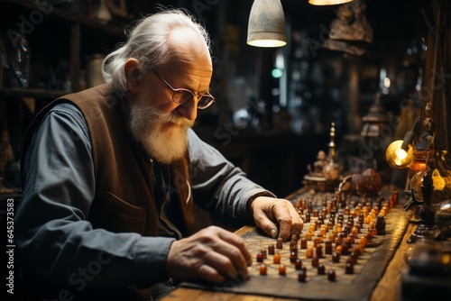 Elderly Person Playing A Strategic Boardgame, Generative AI.