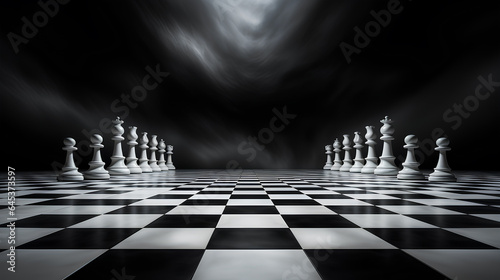 black and white chessmen on dark background