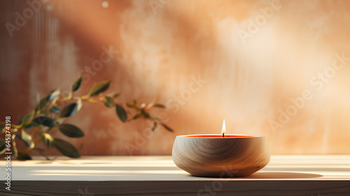  burning candle on blurred wooden table. 