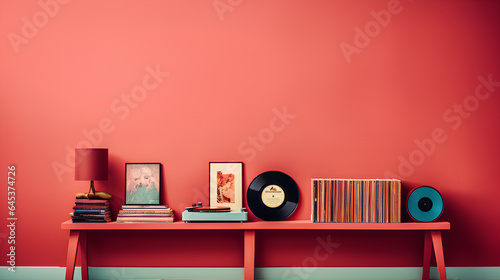 red wall interior with vinyl player and vinyl record