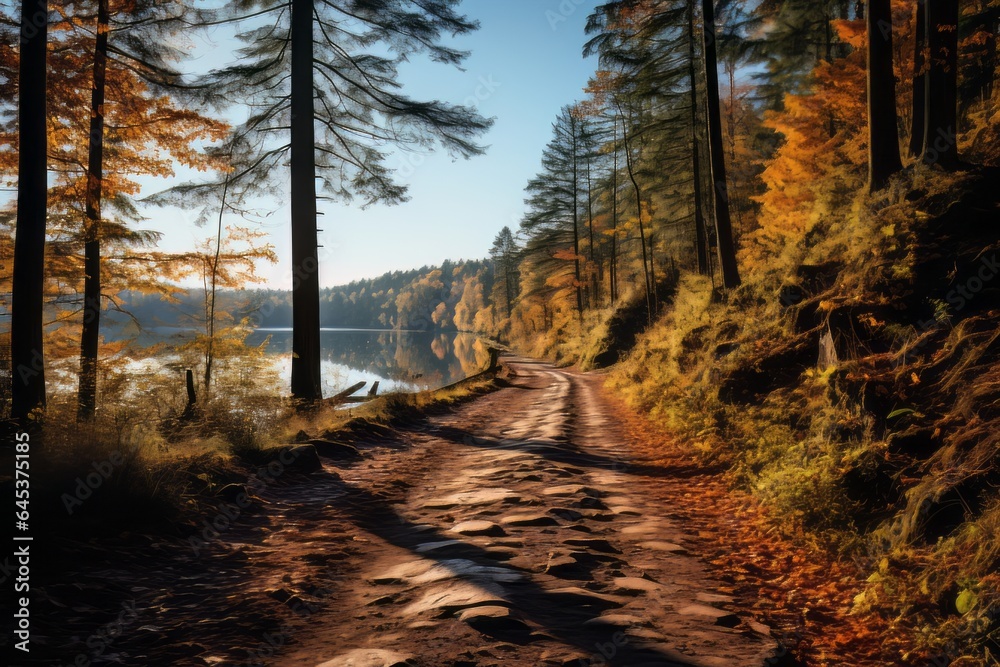 Obraz premium Forest Path Blanketed With Leaves, Generative AI