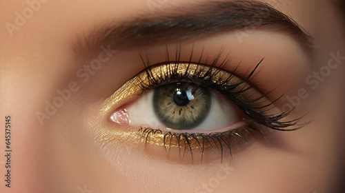 Close-up of beautiful woman's eye with golden make-up