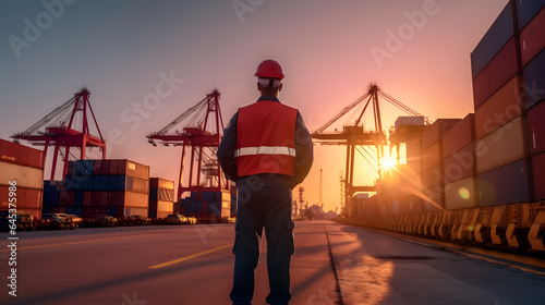 back view of engineer in uniform standing facing industrial heavy machine photo