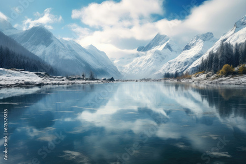 Majestic Alpine Serenity: Crystal Lake and Snowy Peaks