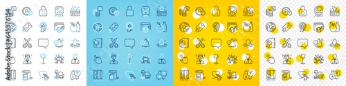 Vector icons set of Social care, Information bell and Lock line icons pack for web with Parking time, Positive feedback, Money tax outline icon. Translate, Cursor, Scissors pictogram. Vector