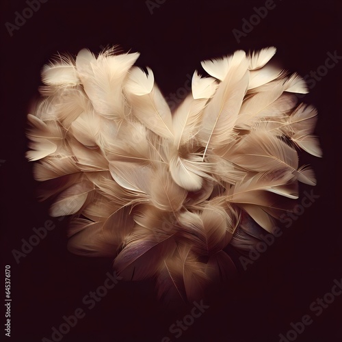 Heart made of tiny feathers in a soft light  dark background