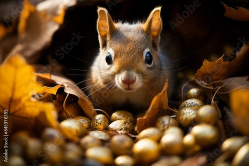 Squirrel Nestled Among Golden Leaves  Generative AI