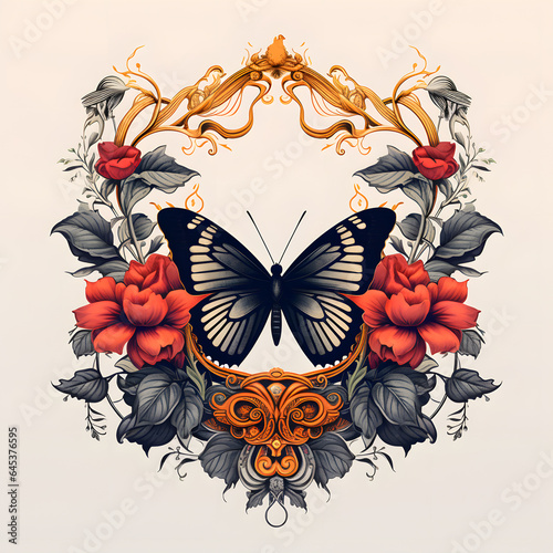 Butterfly in an ornate frame tshirt tattoo design dark art illustration isolated