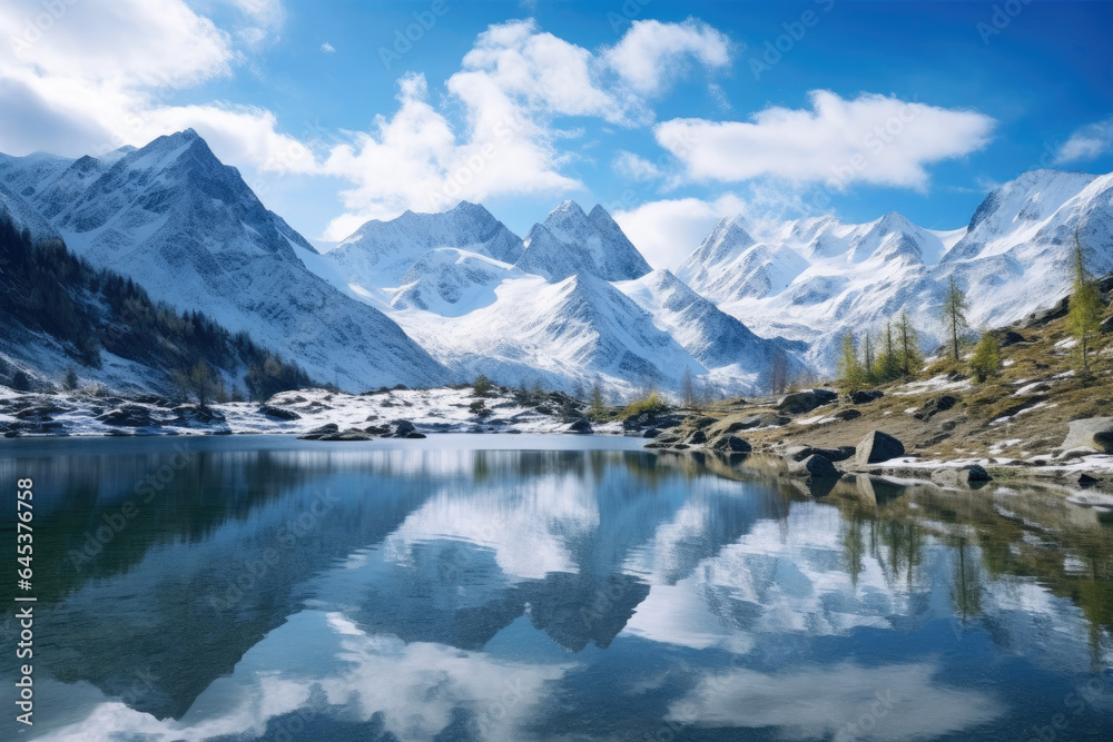 Alpine Lake and Snow-Covered Mountains