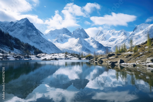 Alpine Lake and Snow-Covered Mountains