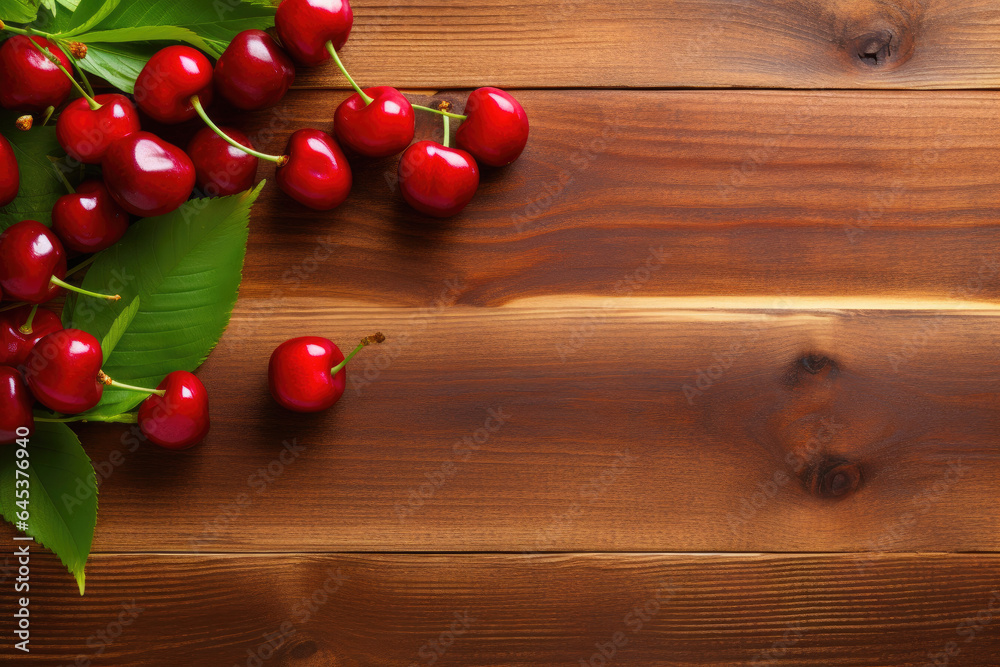 Naklejka premium Ripe Red Cherries on Rustic Wooden Table