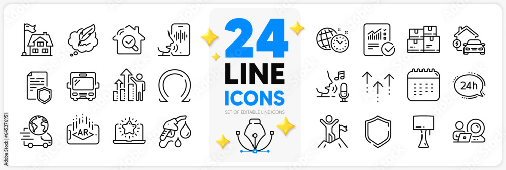 Icons set of 24h service, Swipe up and Voicemail line icons pack for app with Augmented reality, Inspect, Calendar thin outline icon. Bus, Delivery service, Wholesale inventory pictogram. Vector