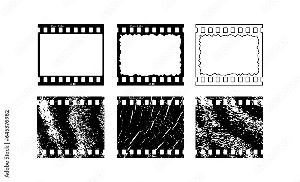 Vintage style 35mm film strip set, retro film reel vector design with one frame on white background. Retro film reel collection to use in photography, television, cinema, photo frame. 