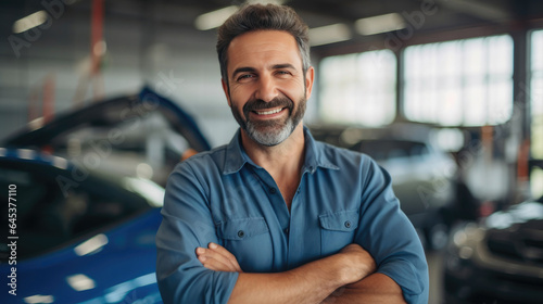Smiling Mechanic in a Well-Lit Garage