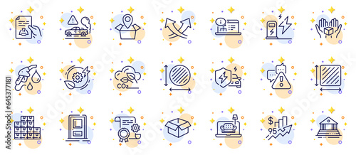 Outline set of Charging station, Opened box and Car charging line icons for web app. Include Petrol station, Co2 gas, Circle area pictogram icons. Wholesale inventory. Circles with 3d stars. Vector