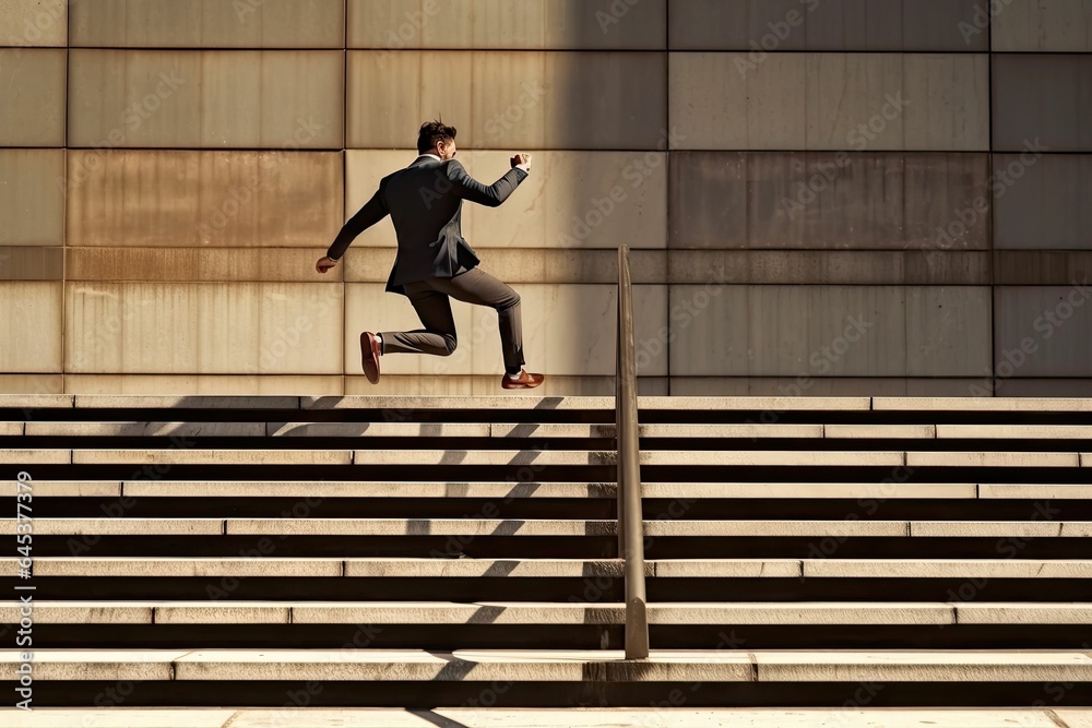 businessman walking up stairs in office building businessman walking up stairs in office building