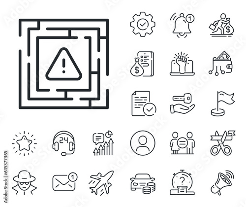 Labyrinth important warning sign. Salaryman, gender equality and alert bell outline icons. Maze attention line icon. Danger warn symbol. Maze attention line sign. Vector