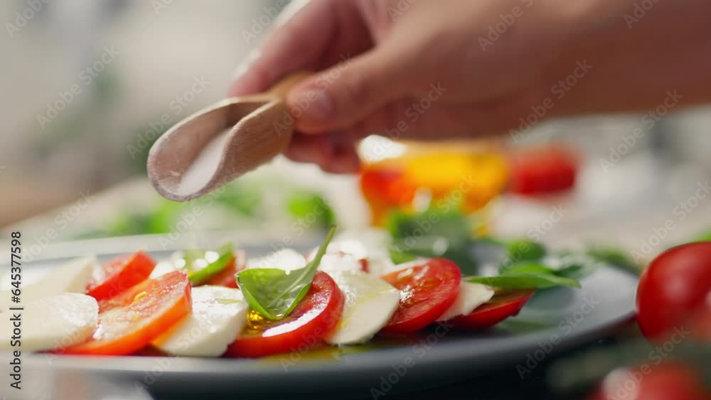 Sandwich. The expectant mother confidently salts fresh vegetables on the kitchen table. Camera in motion, expectant mother adding salt to vegetables sandwich new ways to prepare healthy food, tomatoes