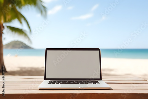 a laptop in desk with a blank screen © sugastocks