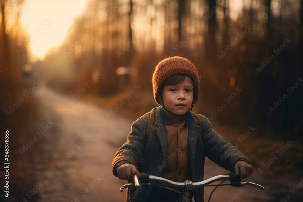 A Little Boy's Enchanting Bicycle Journey in the Heart of a Sun-Kissed Landscape, Embracing the Beauty of Nature's Warm Embrace