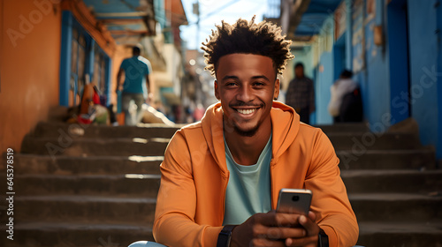 Happy young man from Brazilian Favelas sitting on stairs on a street with a smartphone in his hands. He wears an orange hoodie and smiles to the camera.