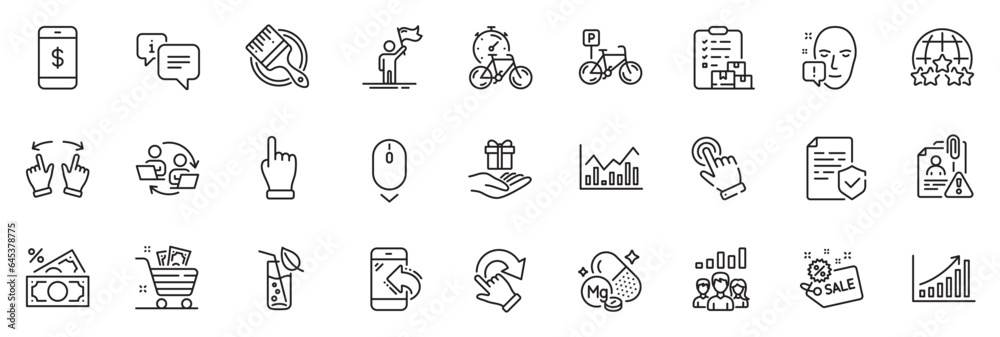 Icons pack as Magnesium mineral, Sale and Leadership line icons for app include Delivery report, Certificate, Face attention outline thin icon web set. Water glass, Incoming call. Vector