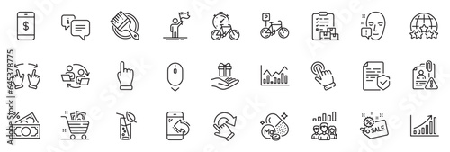 Icons pack as Magnesium mineral, Sale and Leadership line icons for app include Delivery report, Certificate, Face attention outline thin icon web set. Water glass, Incoming call. Vector