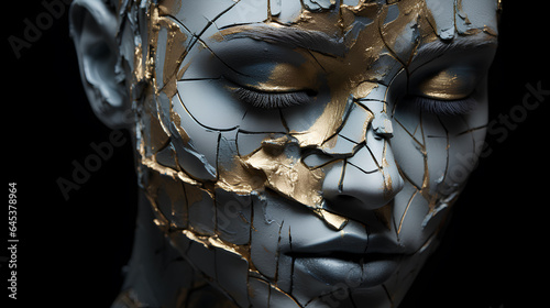 sculpture of beautiful young woman with golden foil on black background