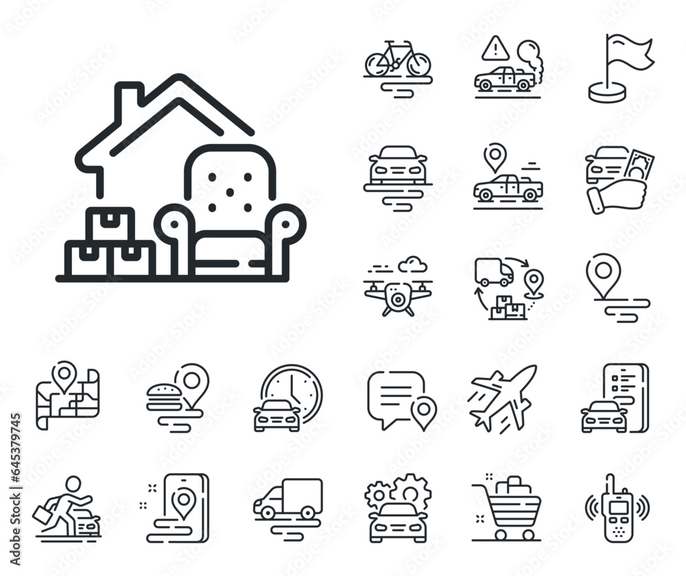 Home moving sign. Plane, supply chain and place location outline icons. Packing things line icon. Delivery service symbol. Packing things line sign. Taxi transport, rent a bike icon. Vector Home moving sign. Plane, supply chain and place location outline icons. Packing things line icon. Delivery service symbol. Packing things line sign. Taxi transport, rent a bike icon. Vector
