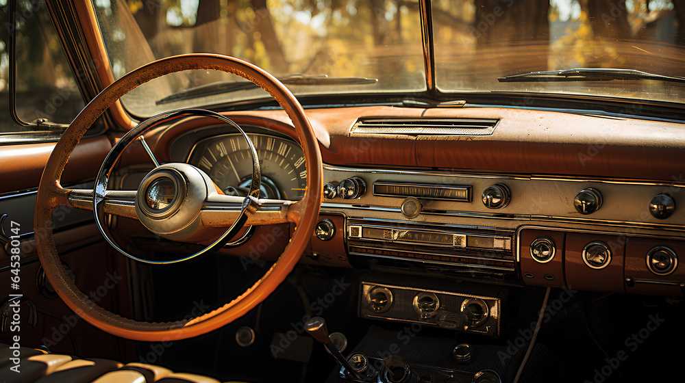close up vintage car interior - obrazy, fototapety, plakaty 