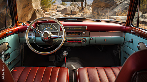 classic red and blue interior of a vintage car © EvhKorn
