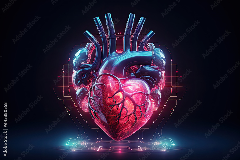 Neon cyber human heart with arteries. Realistic illustration of a heart in neon light on a black background. - obrazy, fototapety, plakaty 