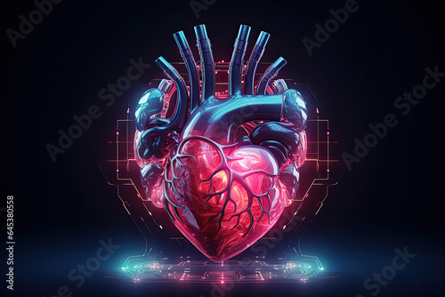 Neon cyber human heart with arteries. Realistic illustration of a heart in neon light on a black background.