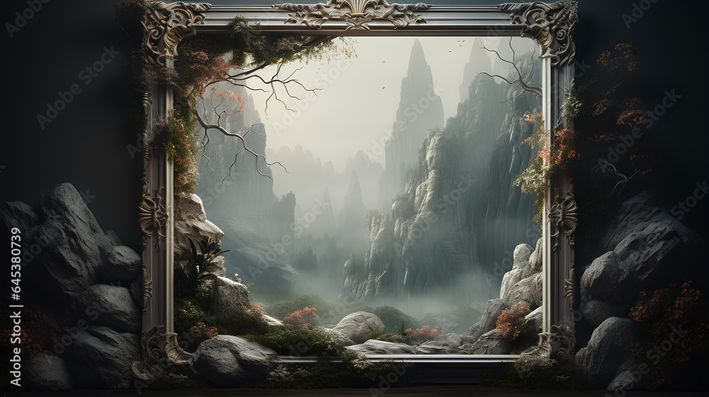 fantasy landscape with stone mountains in wooden frame