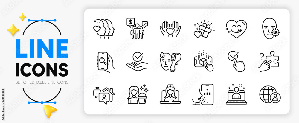 Checkbox, Teamwork and Approved line icons set for app include Problem skin, Love gift, Work home outline thin icon. Voicemail, Electronic thermometer, Cleaning pictogram icon. Vector