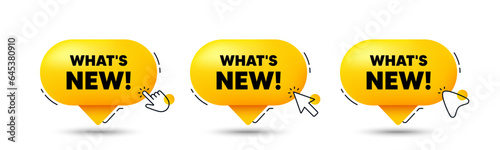 Whats new tag. Click here buttons. Special offer sign. New arrivals symbol. Whats new speech bubble chat message. Talk box infographics. Vector