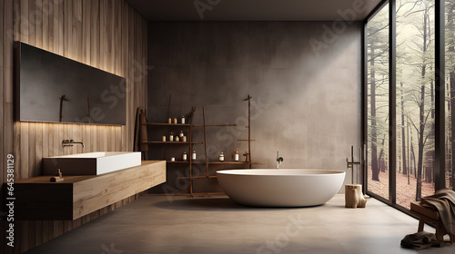 modern design of bathroom with wooden wall and wooden floor 